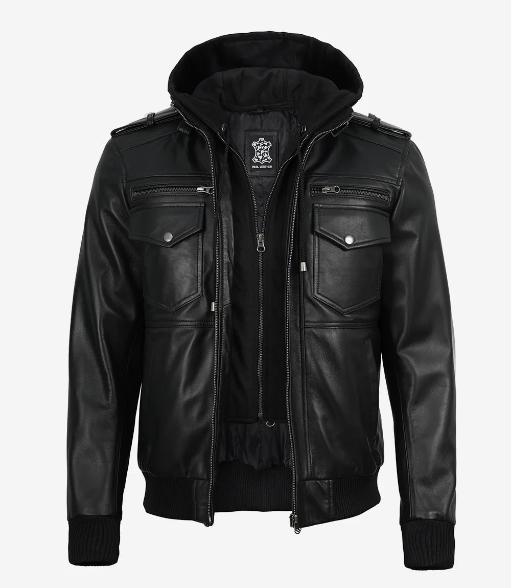 Men's Black Leather Bomber Jacket with Detachable Hood