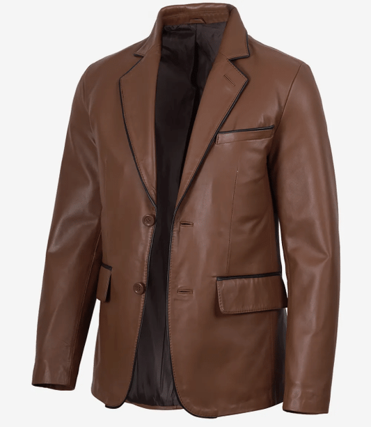 Men's Cognac Brown Lambskin Leather Blazer – Black Piping Detail