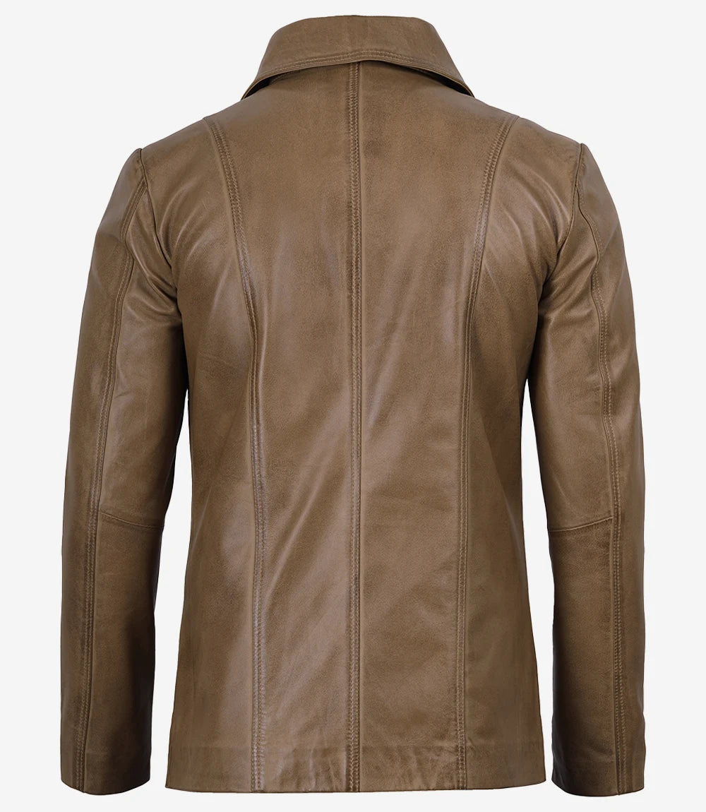 Men's Two Button Camel Wax Lambskin Leather Blazer