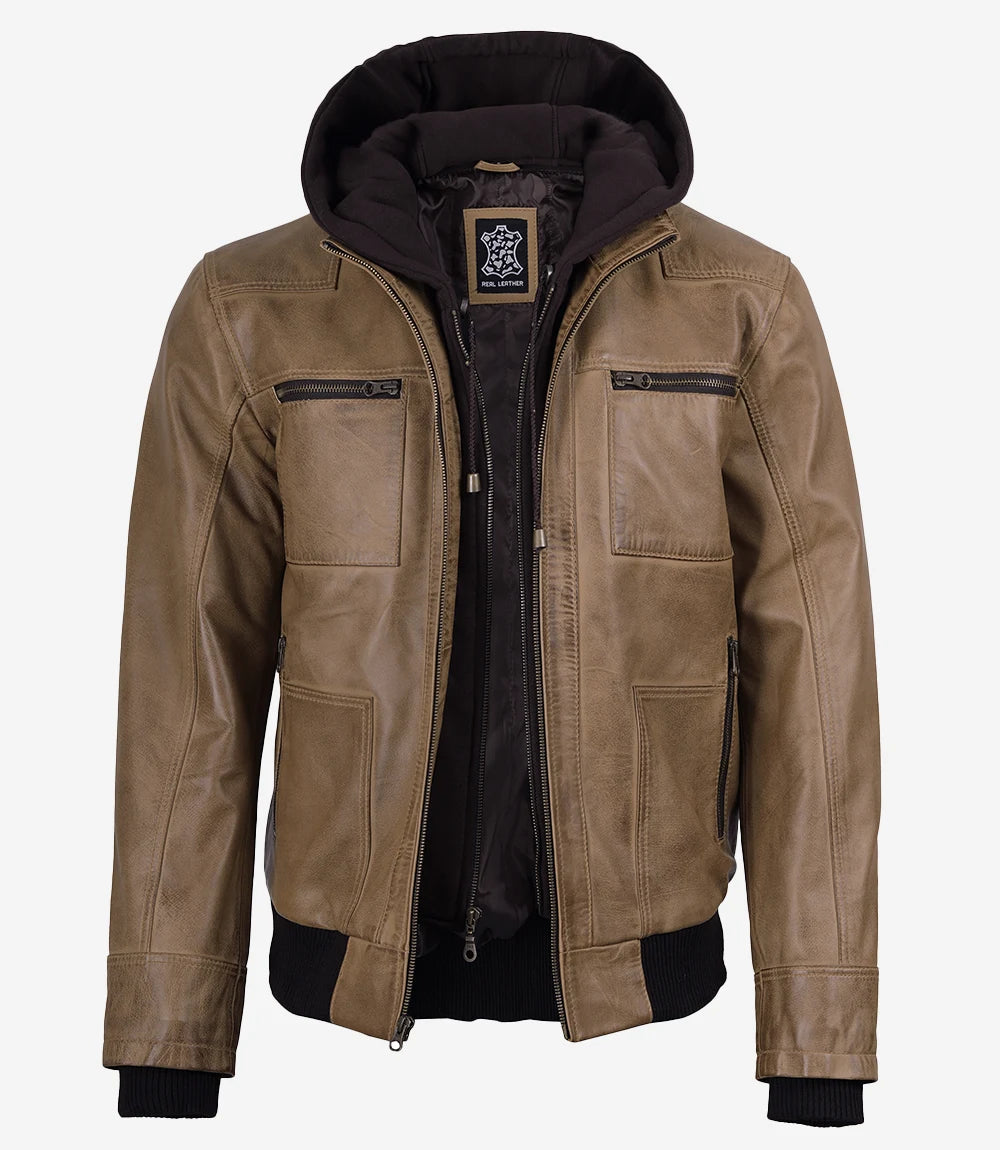 Men's Camel Wax Real Bomber Leather Jacket With Removable Hood