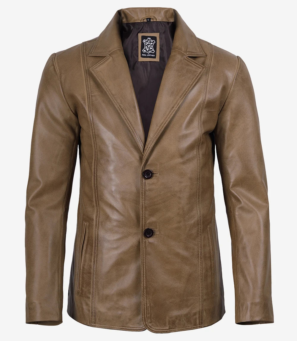 Men's Two Button Camel Wax Lambskin Leather Blazer