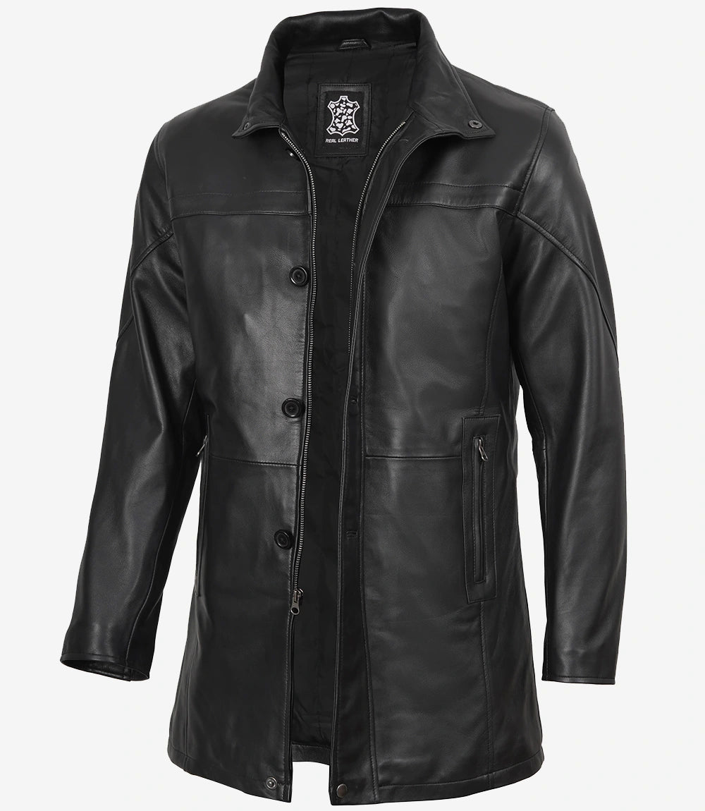 Men's Real Lambskin Black Leather Car Coat