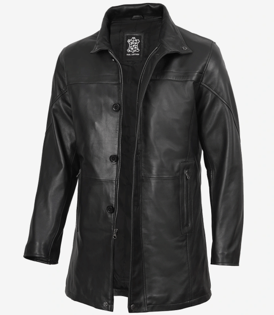 Men's Real Lambskin Black Leather Car Coat