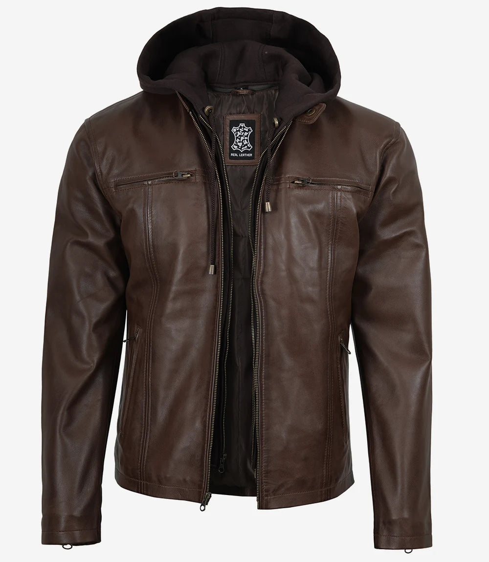 Men's Dark Brown Lambskin Leather Jacket with Removable Hood