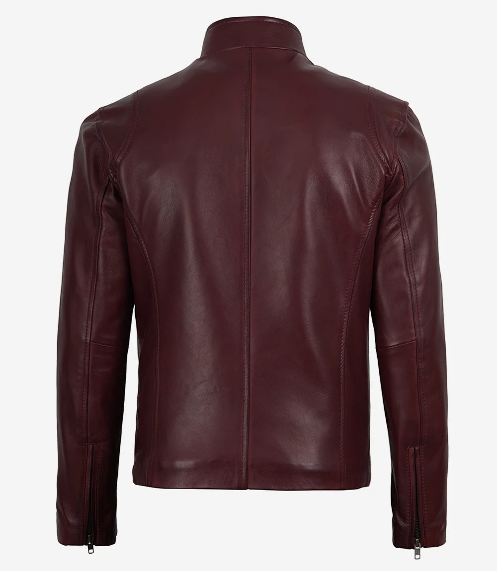 Men's Cafe Racer Burgundy Wax Leather Jacket - Moto Style