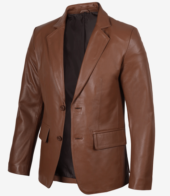 Men's Two Button Cognac Brown Leather Blazer Jacket