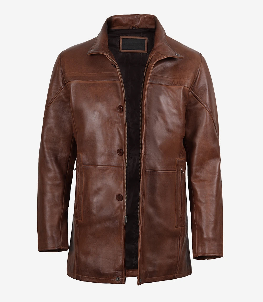 Men's Vintage Cognac Leather Car Coat