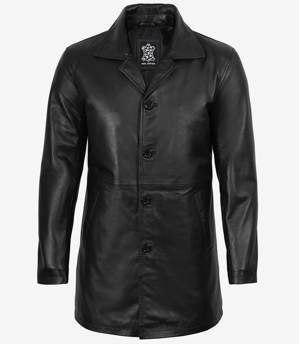 Men's Black Lambskin Leather Car Coat — 3/4 Length