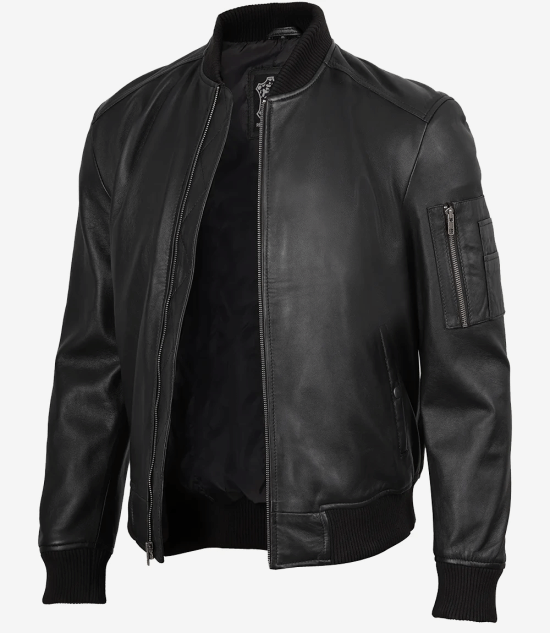 Men's Black Real Lambskin Leather Bomber Jacket