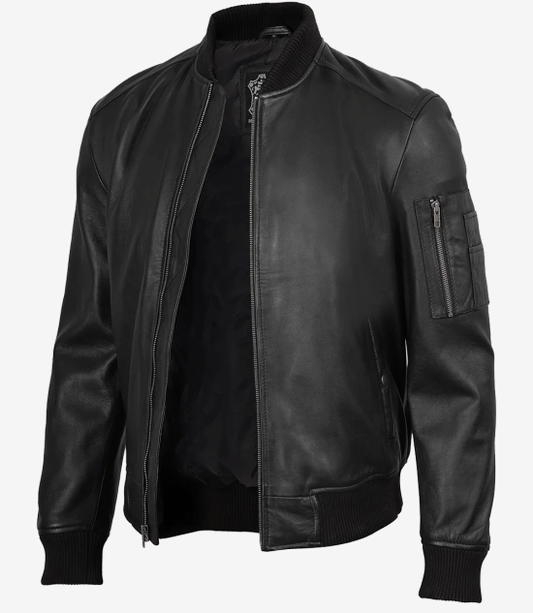 Men's Black Real Lambskin Leather Bomber Jacket