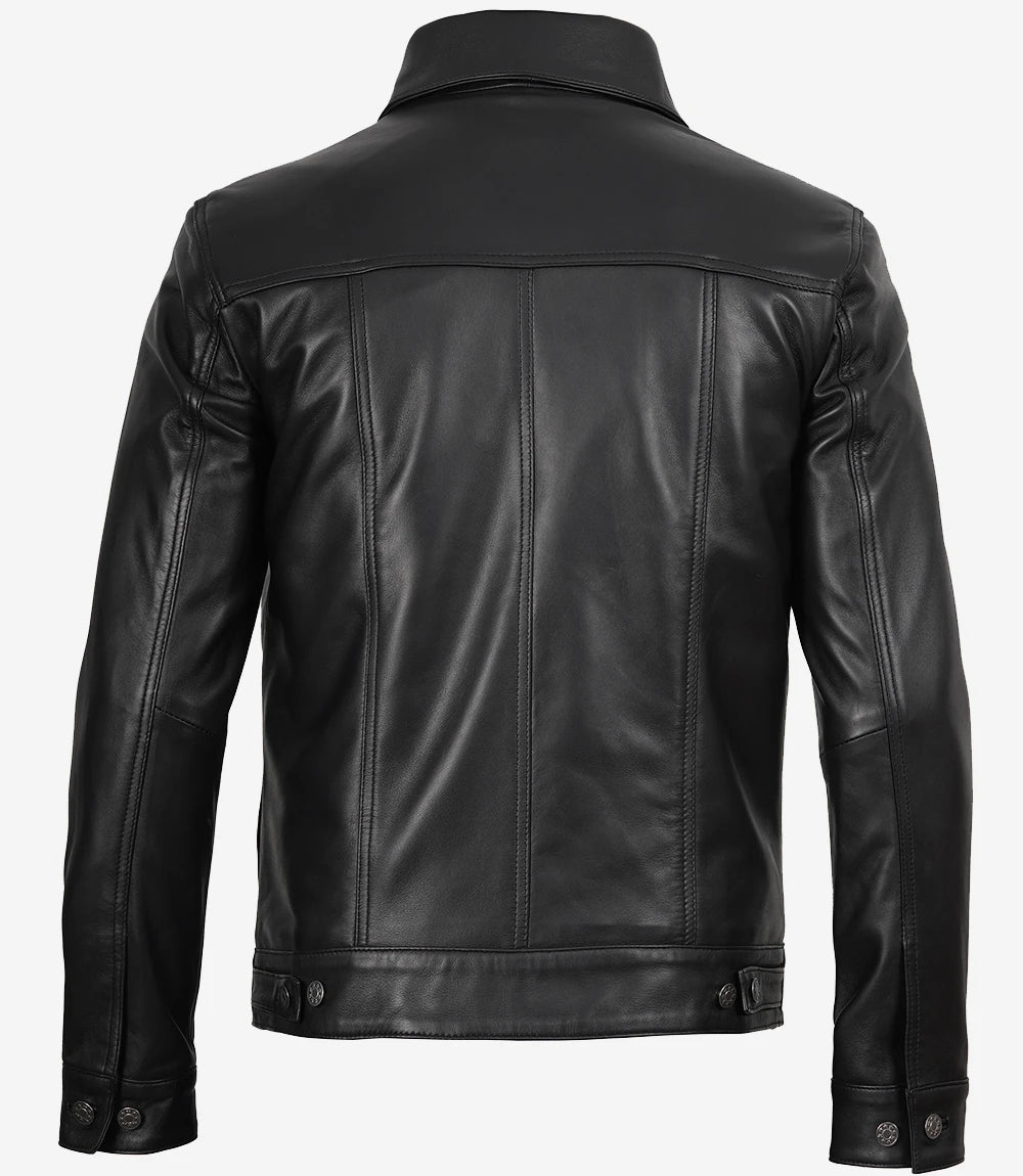 Men's Black Leather Trucker Jacket — Shirt Collar