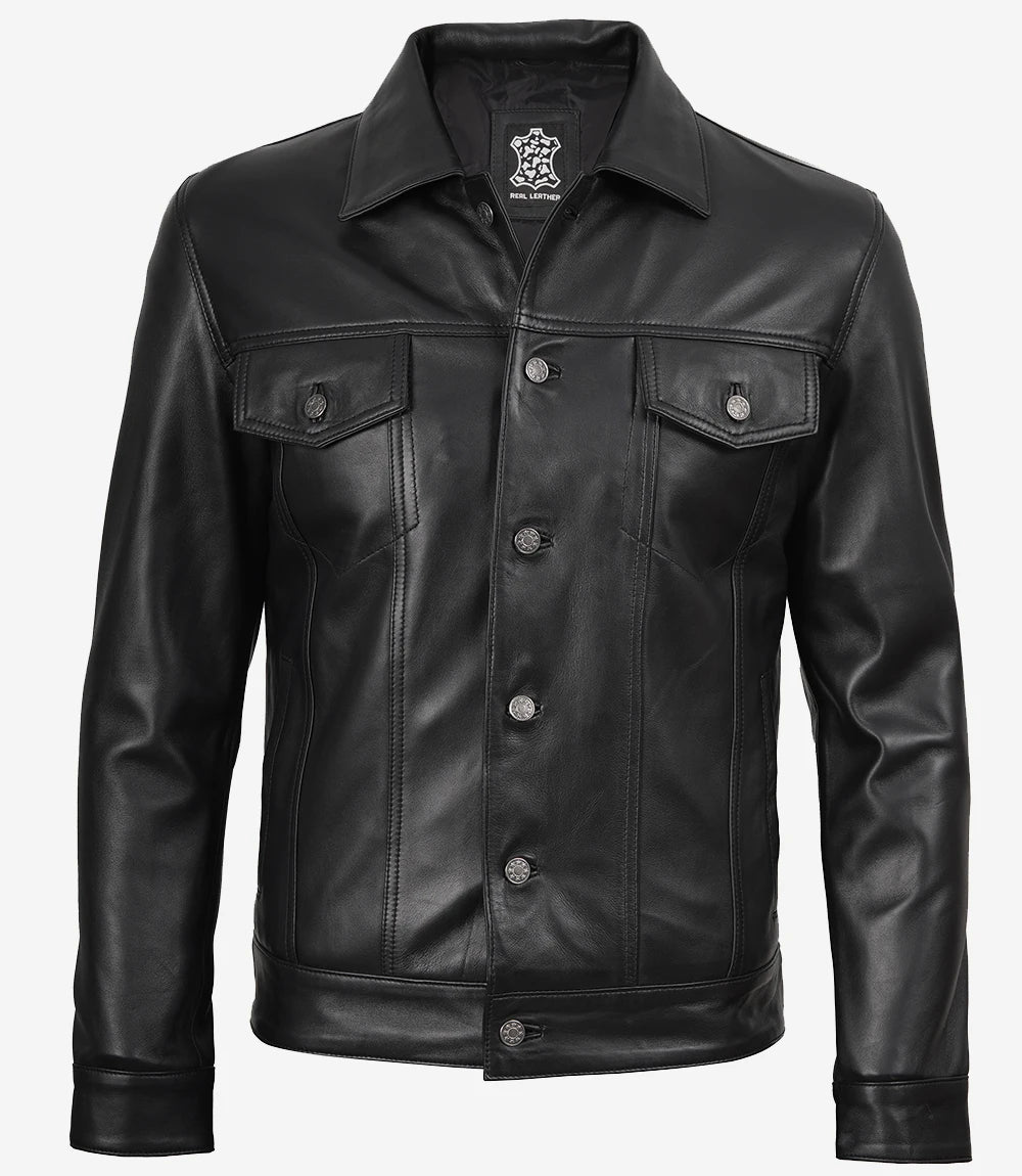 Men's Black Leather Trucker Jacket — Shirt Collar