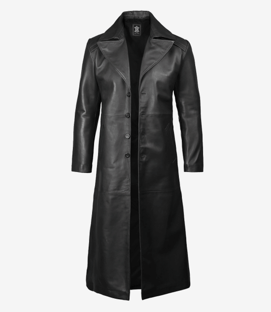 Black Men's Long Leather Duster Coat — Wide Lapel
