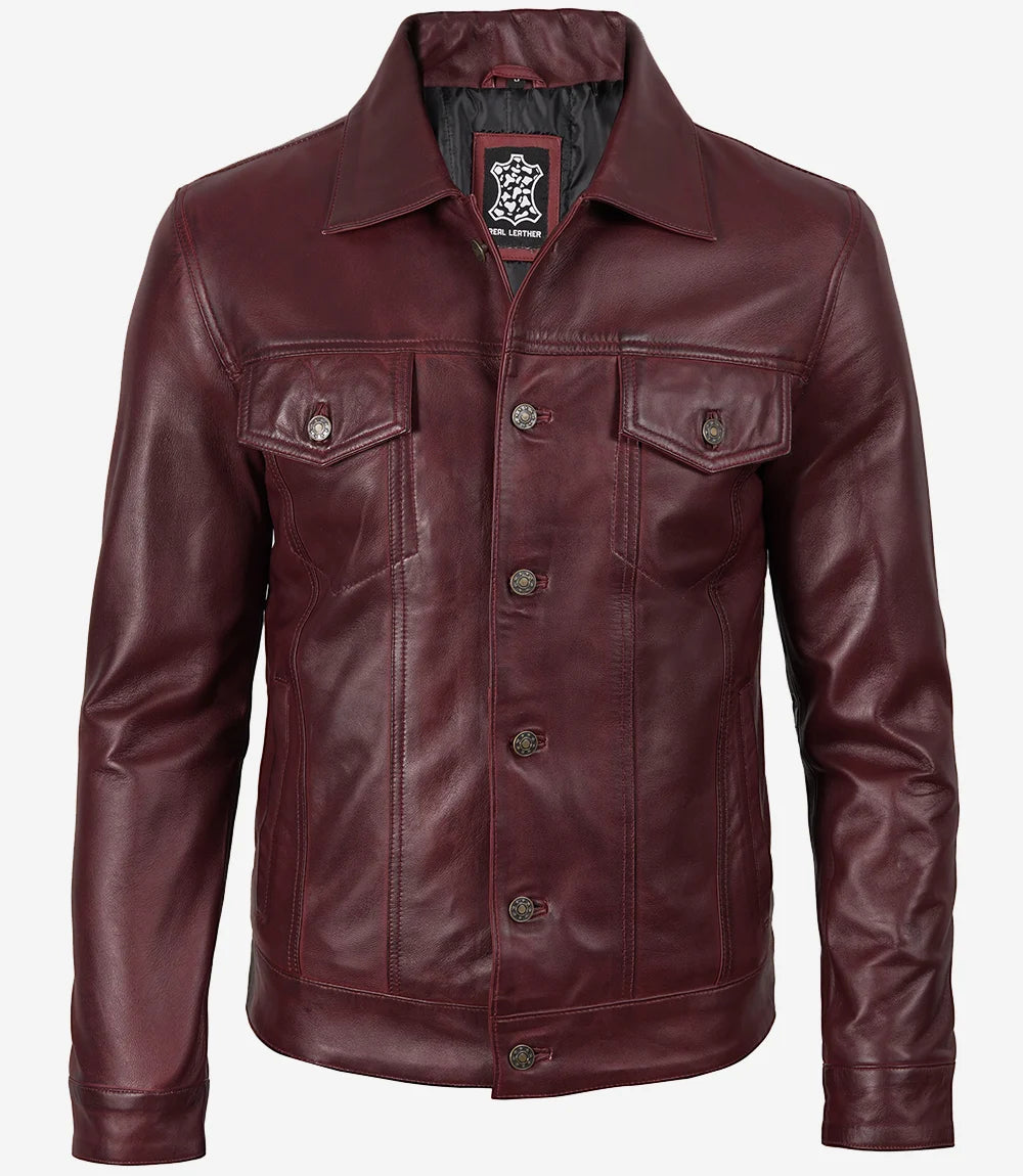 Men's Burgundy Real Leather Trucker Jacket