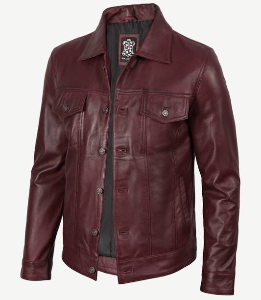 Men's Burgundy Real Leather Trucker Jacket