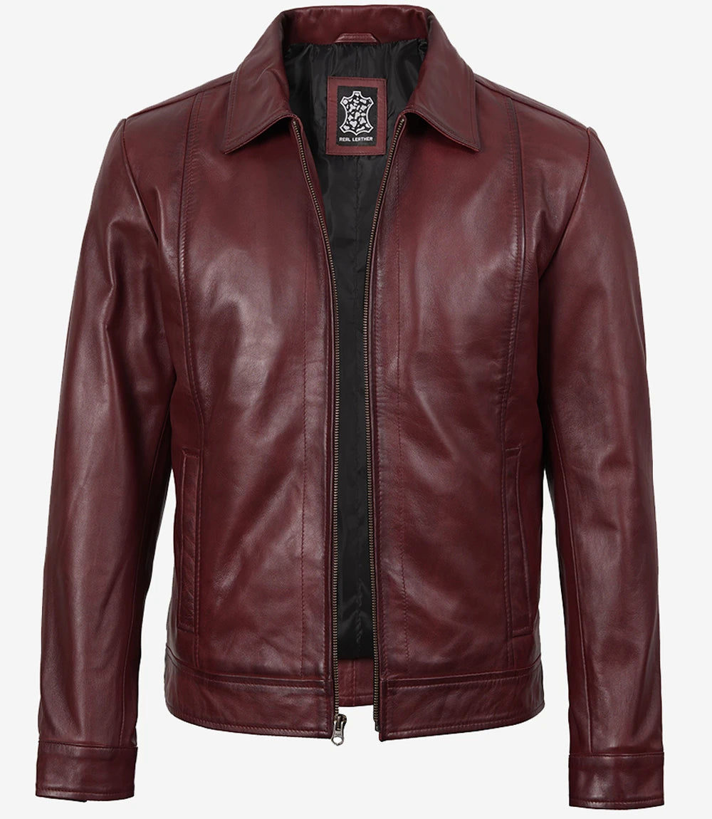 Arya Men's Burgundy Leather Harrington Jacket — Waxed