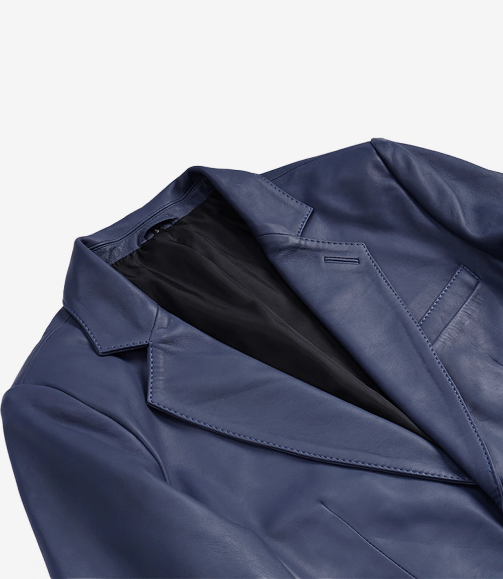 Men's Real Lambskin Blue Two Button Leather Blazer
