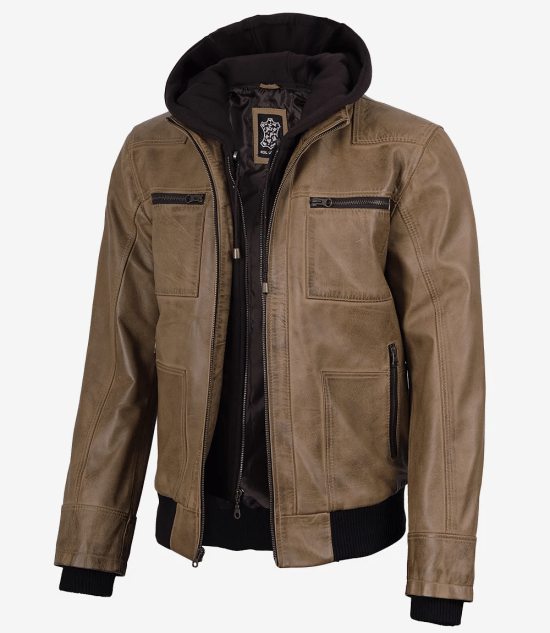 Men's Camel Wax Real Bomber Leather Jacket With Removable Hood