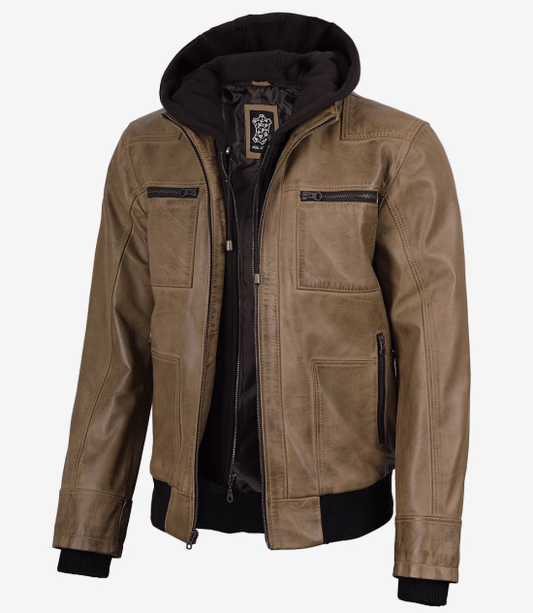 Men's Camel Wax Real Bomber Leather Jacket With Removable Hood
