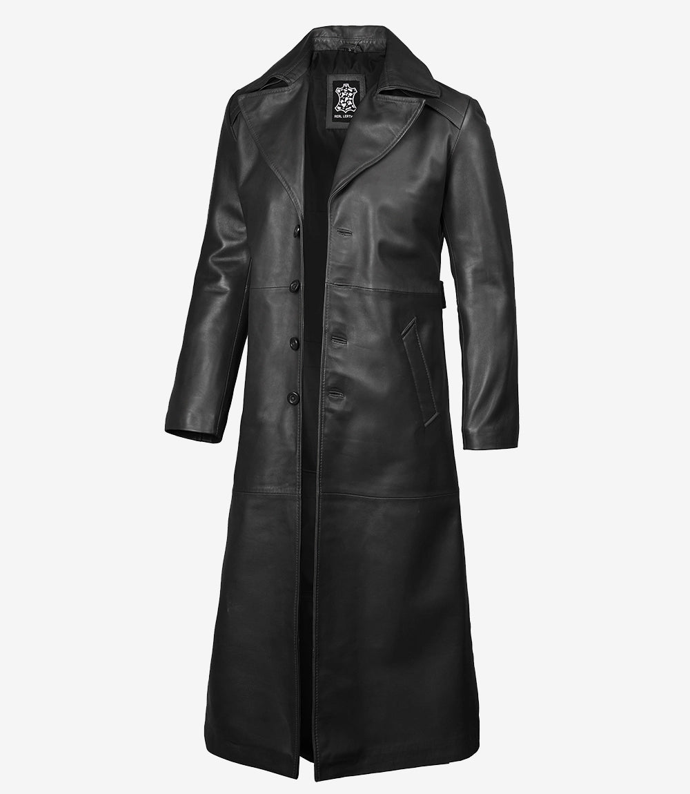 Black Men's Long Leather Duster Coat — Wide Lapel