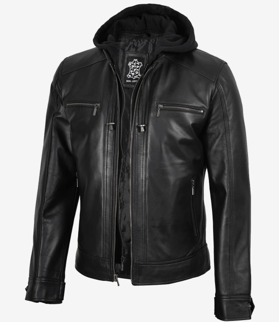 Men Black Leather Racer Jacket with Removable Hoodie