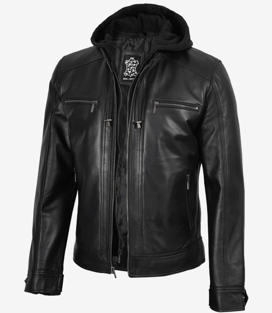 Men Black Leather Racer Jacket with Removable Hoodie