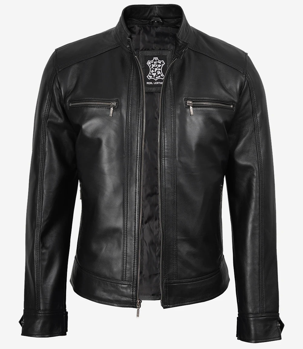 Men Black Leather Racer Jacket with Removable Hoodie
