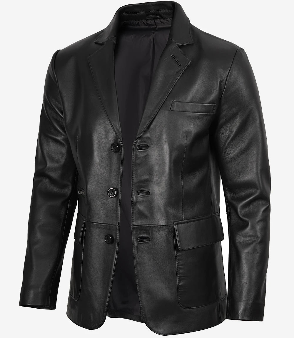 Arya Men's Black Three Button Leather Blazer