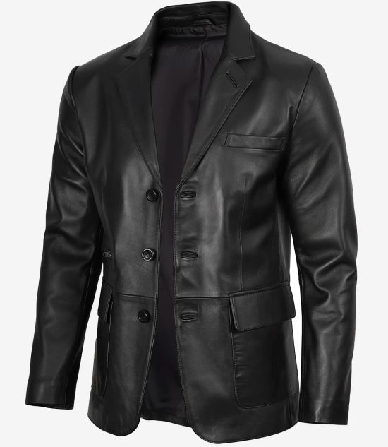 Arya Men's Black Three Button Leather Blazer