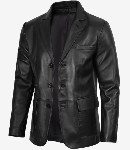 Arya Men's Black Three Button Leather Blazer