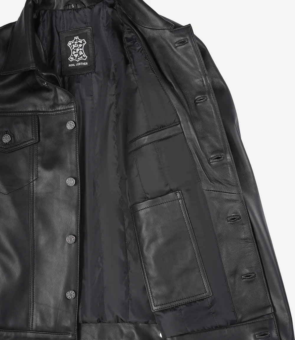 Men's Black Leather Trucker Jacket — Shirt Collar