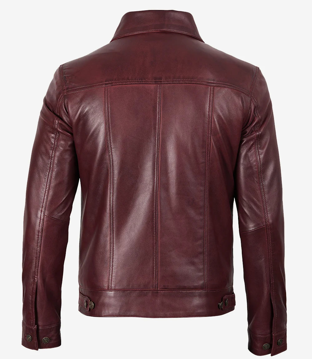Men's Burgundy Real Leather Trucker Jacket