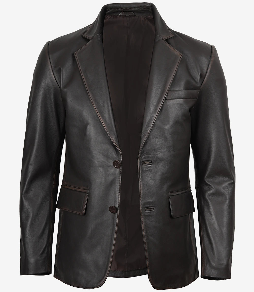 Men's 2 Buttons Dark Brown Rub Off Leather Blazer