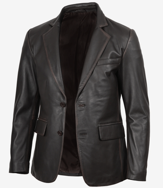Men's 2 Buttons Dark Brown Rub Off Leather Blazer