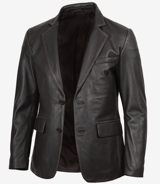 Men's 2 Buttons Dark Brown Rub Off Leather Blazer