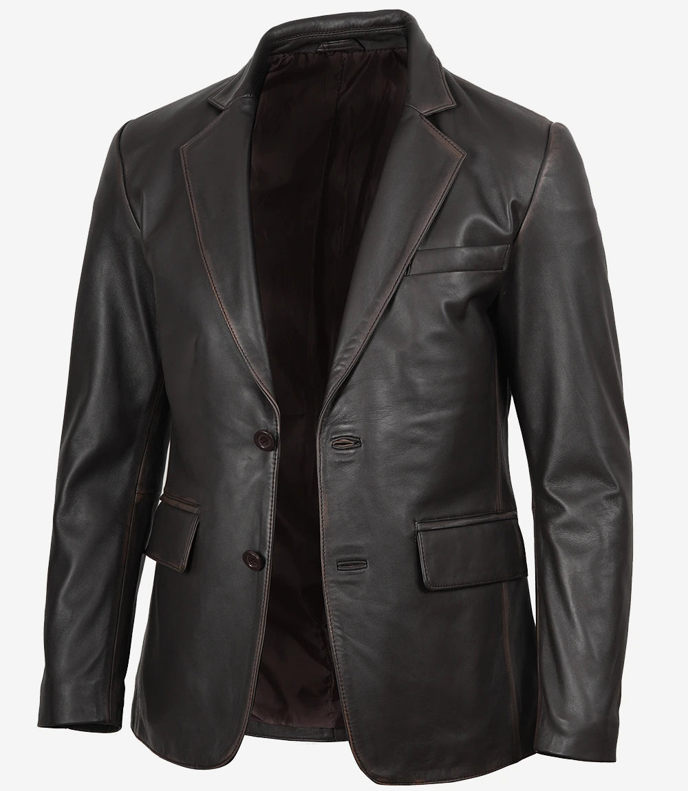 Men's 2 Buttons Dark Brown Rub Off Leather Blazer
