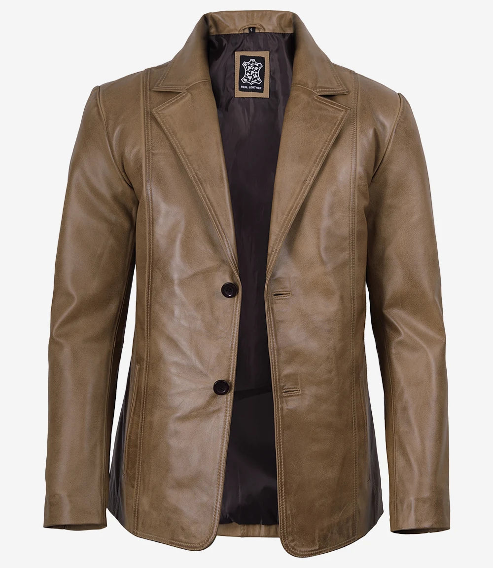 Men's Two Button Camel Wax Lambskin Leather Blazer