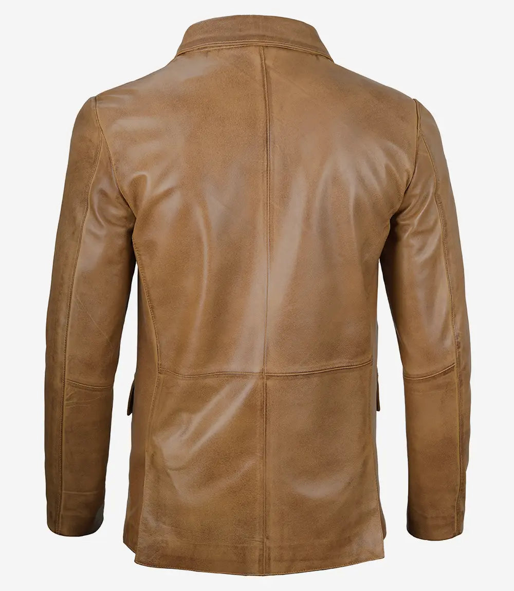 Mens Camel Leather Blazer Jacket - Two Buttons
