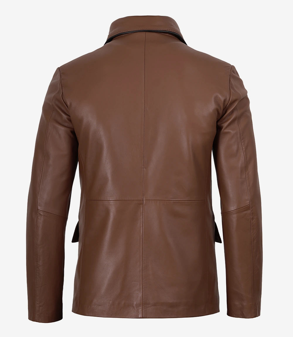 Men's Cognac Brown Lambskin Leather Blazer – Black Piping Detail