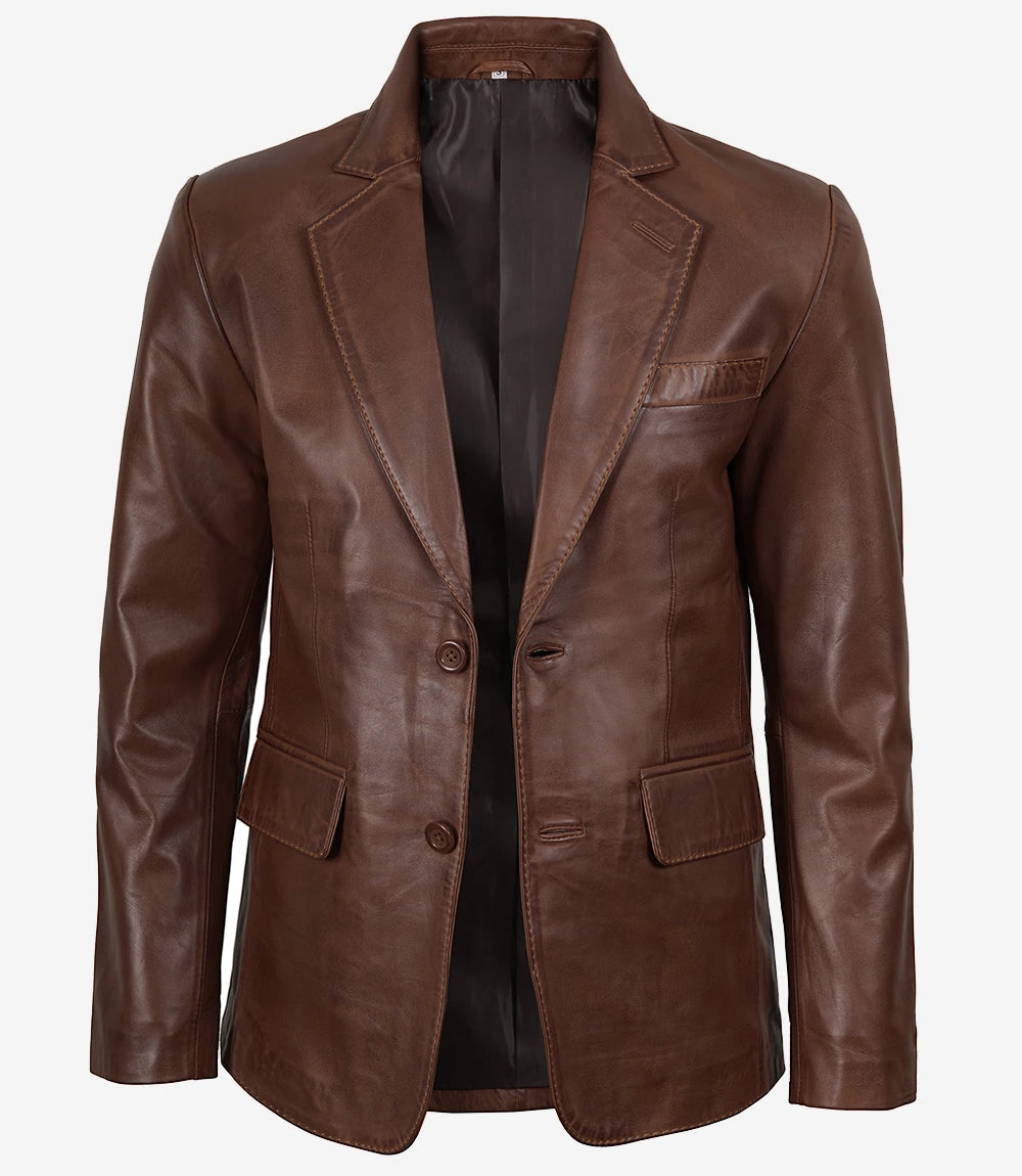 Cognac Waxed Two Button Mens Leather Blazer