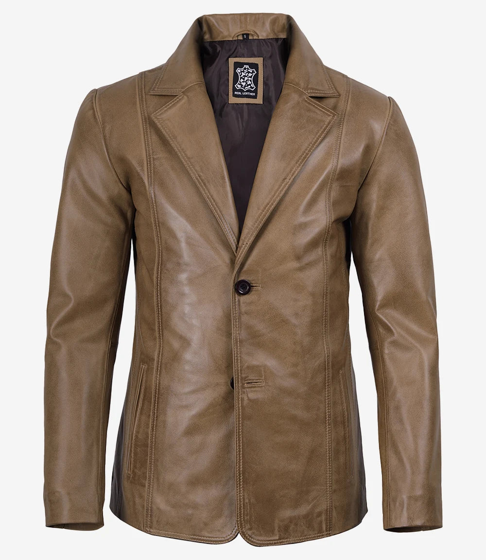Men's Two Button Camel Wax Lambskin Leather Blazer