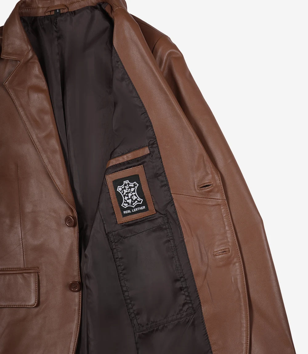 Men's Two Button Cognac Brown Leather Blazer Jacket