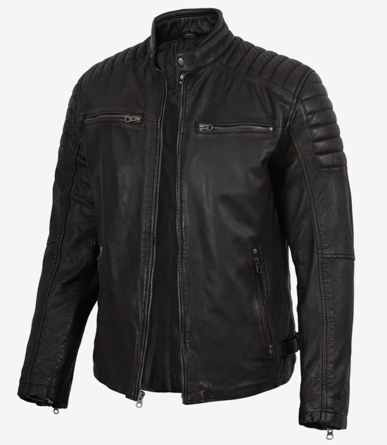 Men's Maroon Distressed Black Washed Biker Leather Jacket