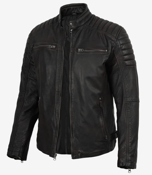 Men's Maroon Distressed Black Washed Biker Leather Jacket