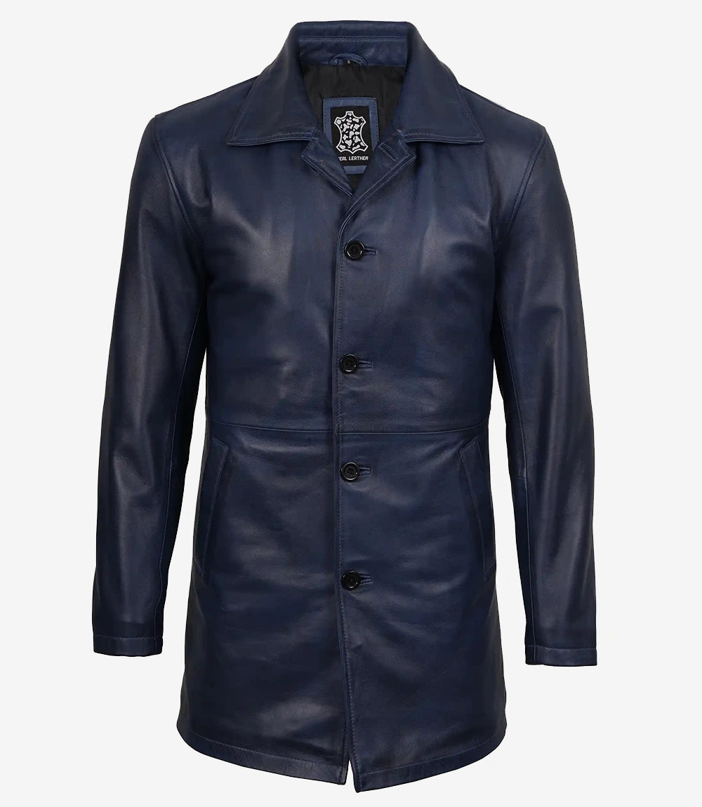 Men's Blue Waxed Leather 3/4 Car Coat