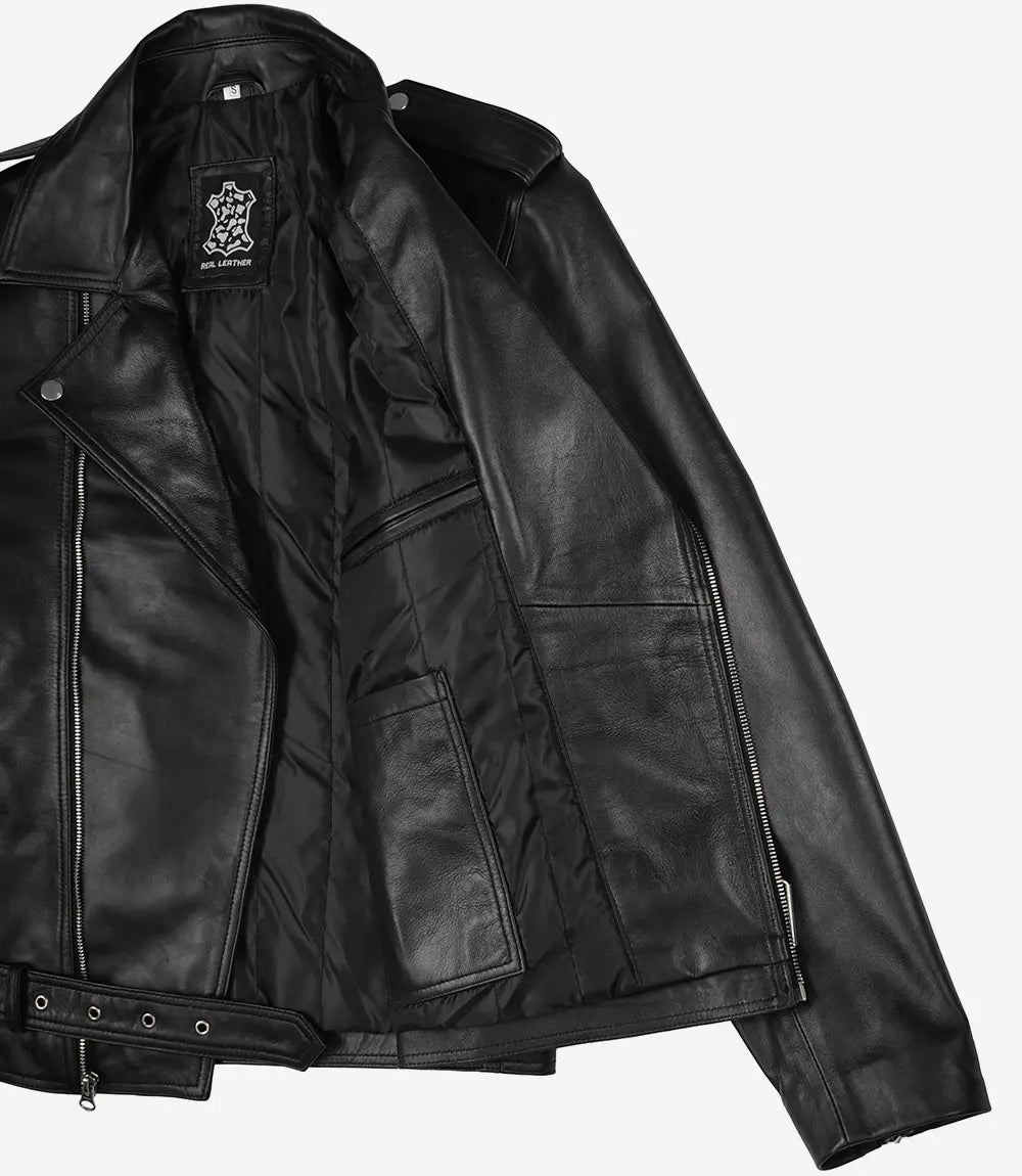Men's Black Belted Biker Leather Jacket