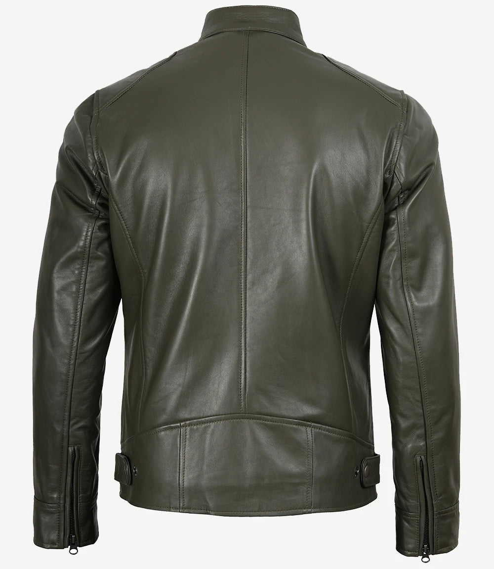 Men's Olive Green Cafe Racer Real Leather Jacket