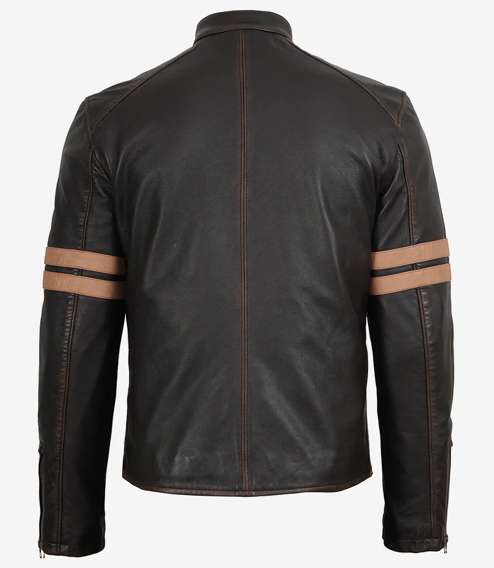 Men's Dark Brown Vintage Leather Biker Jacket with Racing Stripes