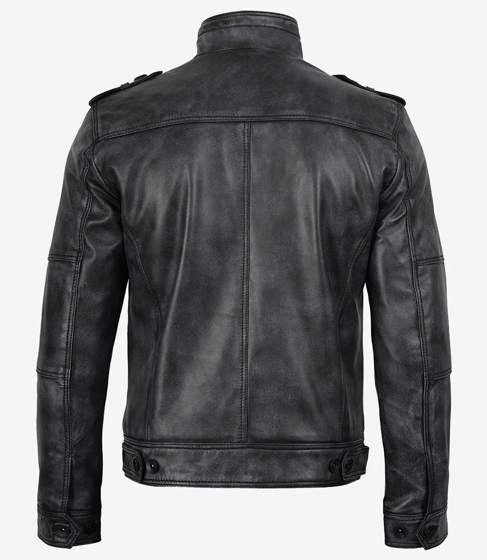 Men's Distressed Black Leather Biker Fashion Jacket