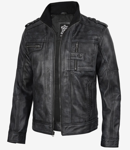 Men's Distressed Black Leather Biker Fashion Jacket